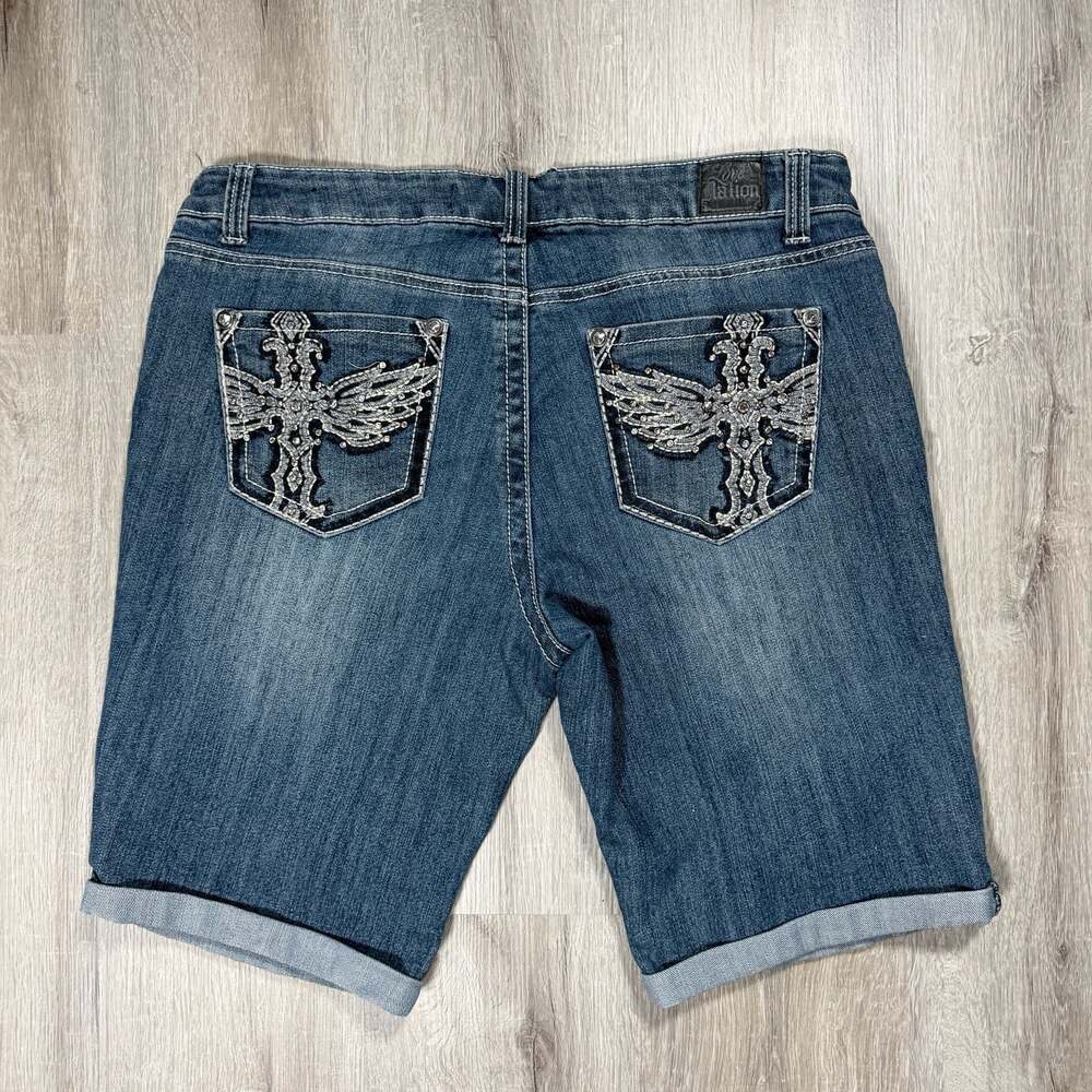 Womens Love Nation Denim Bermuda Shorts Cross Back Pockets Grunge Y2K